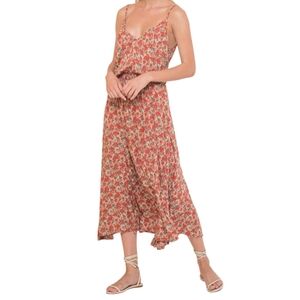 Milk Roses Floral Spaghetti Strap Midi Dress Flowy Cottagecore Preppy Tan Red XS